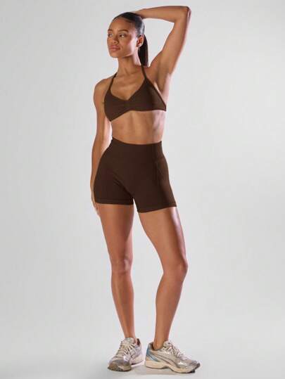 Ra Sport Solid Ruched Bust Open Back Halter Sports Bra, Active Comfy Workout Gym Running Run Club, Padel, Tennis, Pickleball Fitness view 5