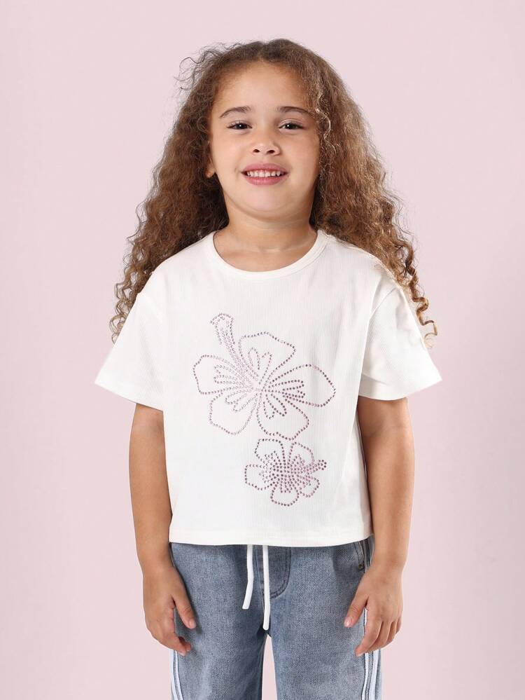 Ribbed Cotton Crystal Flower Print Short Sleeve Rhinestone Detail T-Shirts