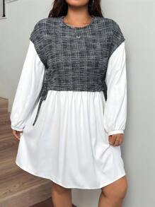 Comfortcana Retro Plaid Contrast Color Loose Fit Plus Size Women Long Sleeve Casual Dress - Multicolor - View 3