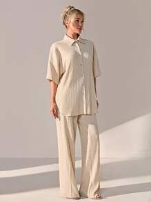 CLARA VERO Conjunto de 2 piezas de mujer de unicolor tejido, con blusa/camisa abotonada y pantalón de pierna ancha con cintura elástica, conjunto casual para fines de semana y salidas