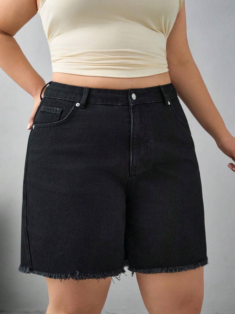 EURMUSE 100%Cotton RAW HEM DETAILED BLACK MINI SHORT PLUS SIZE - Light Grey - View 1