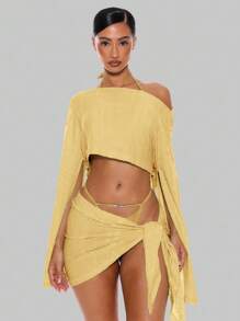 Musera Resort 不对称领口垂坠纹理长袖上衣仅限夏季春季假日度假性感伊比沙岛海滩装罩衫少女柔和色调