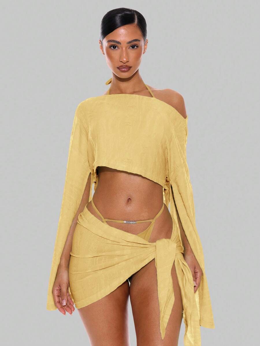 Musera Resort 不对称领口垂坠纹理长袖上衣仅限夏季春季假日度假性感伊比沙岛海滩装罩衫少女柔和色调