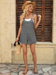 EMERY ROSE 女士休闲度假蝴蝶结肩带牛仔连体裤短裤 - 灰色 - 查看 5