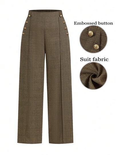SHEIN Clasi Plus Size Plaid Print Casual/Office Side Metal Button Decoration Straight Leg Trousers,Khaki,Work Pants,Wide Leg Pants Woman,Wide Leg Trousers Women,Wide Leg Pants,Office Outfits For Women,Office,Teacher,Back To School Season,Business Casual Woman,Business Casual Outfits Women,Fall Clothes Plus Size,Work Outfits For Women,Work Clothes,Fall Outfits For Women,Women's Fall Clothes,Winter Outfits For Women,2025 New Autumn