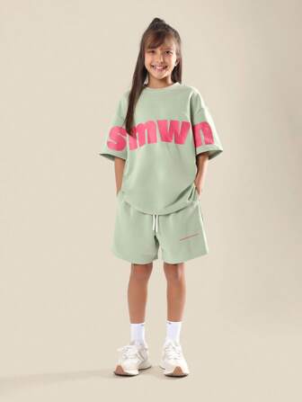 SUMWON Sommerkomfort, Oversized, für Tween-Mädchen, abgestimmtes Oberteil und Unterteil mit kurzen Ärmeln, entspannte Passform, lässige Streetwear