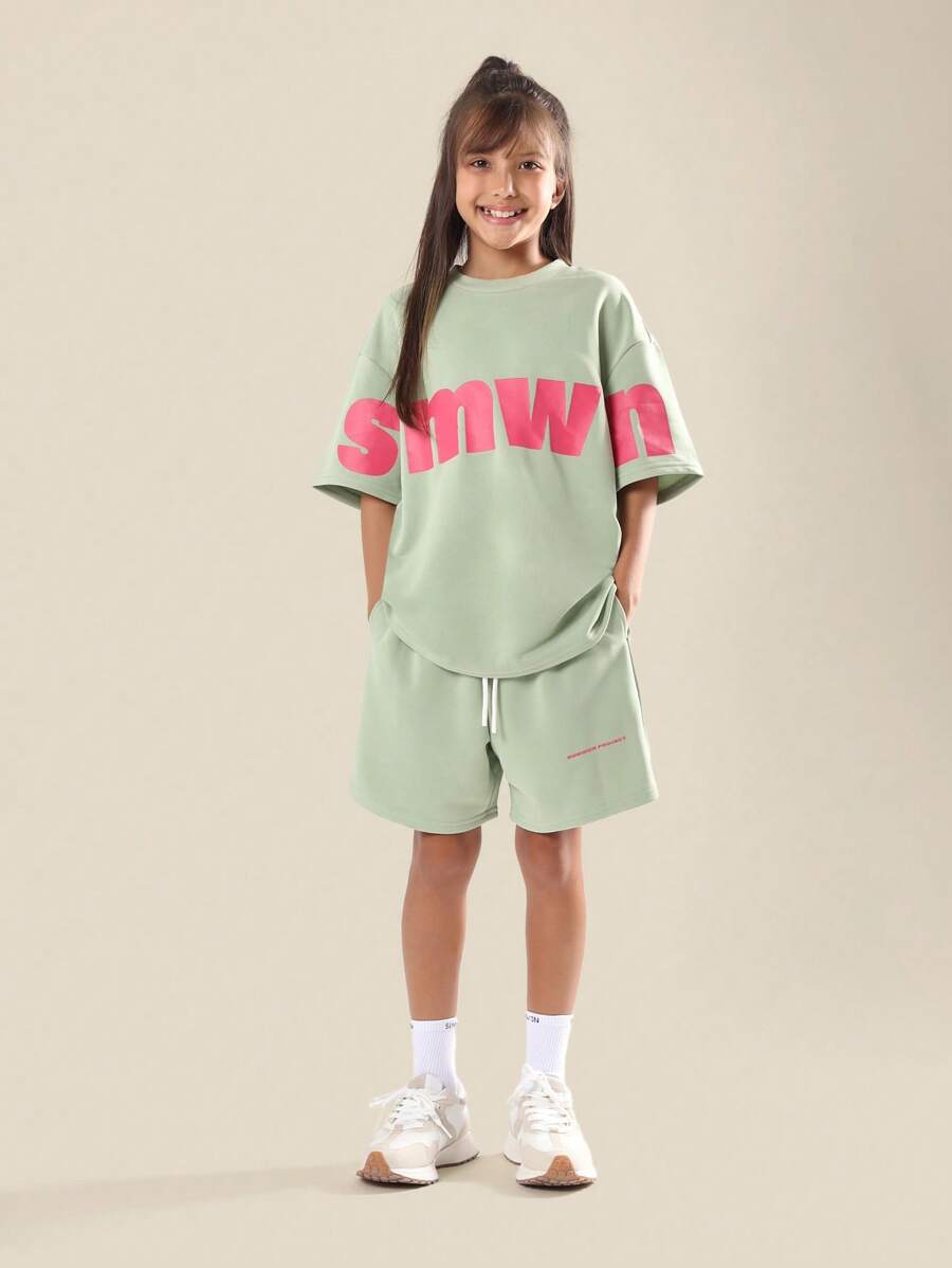 SUMWON 夏季舒适超大童女童短袖上衣和下装宽松休闲街头服饰 - 綠色 - 查看 1