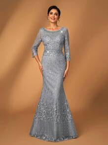 Serin Dusty Blue Summer Formal Elegant Evening Formal Wedding Dress,Luxury Embroidered Lace Rhinestone Pearl Sheer Long Sleeve Mermaid Bridal Mother Gown - Army Green - View 7