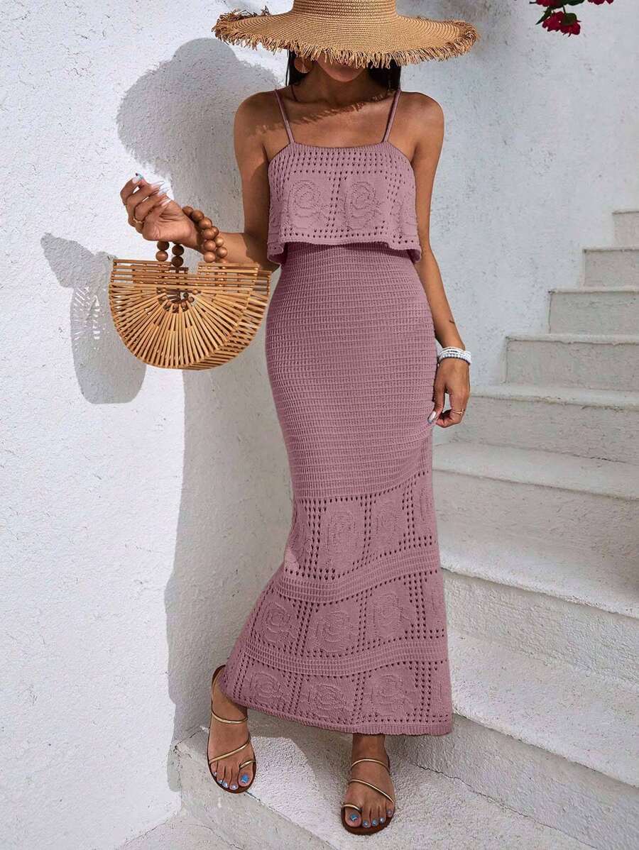 EURMUSE Vacation Casual Solid Color Hollow Out Knit Slip Dress - Dusty Pink - View 1