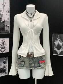 EgrlEra 女式复古风格钩针针织开衫薄款夹克 - 杏色 - 查看 3