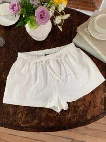 Comfortcana Women Casual Loose Drawstring Solid Color Shorts, Versatile For Everyday Wear White Linen Shorts