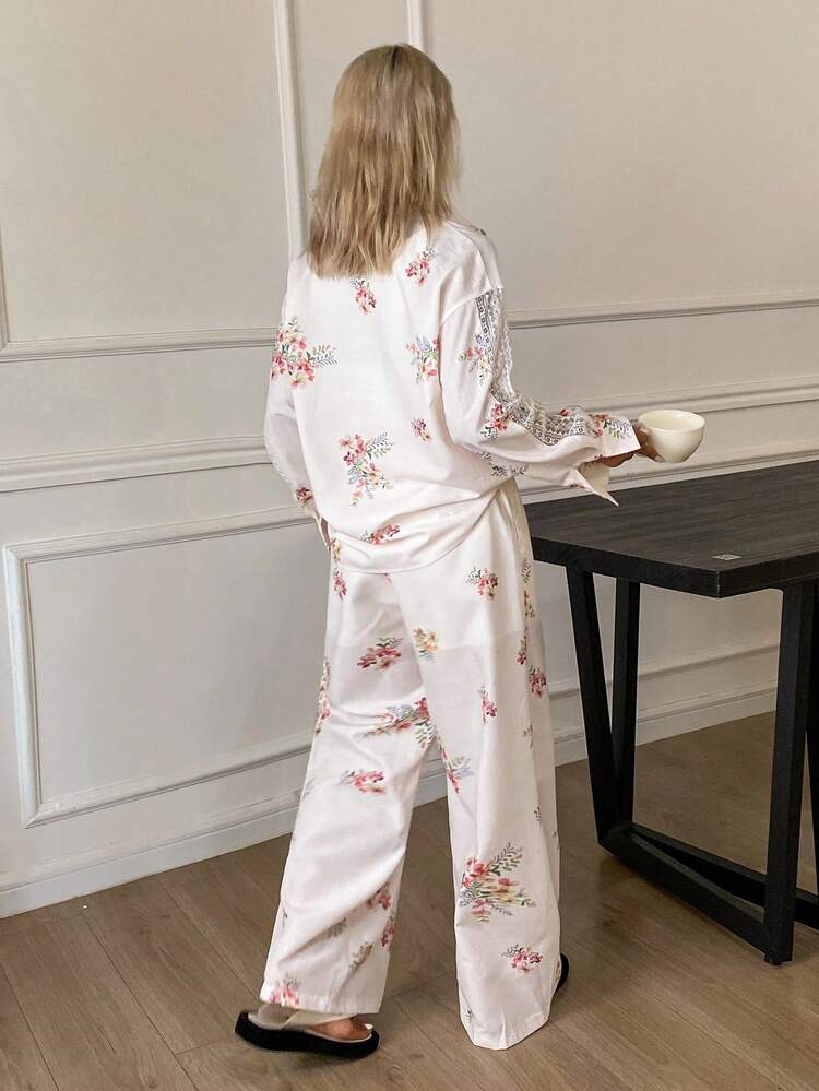 Floral All-Over Print Lace Pocket Accent Shirt Style Top & Pants Women Pajama Set, Fall Clothes