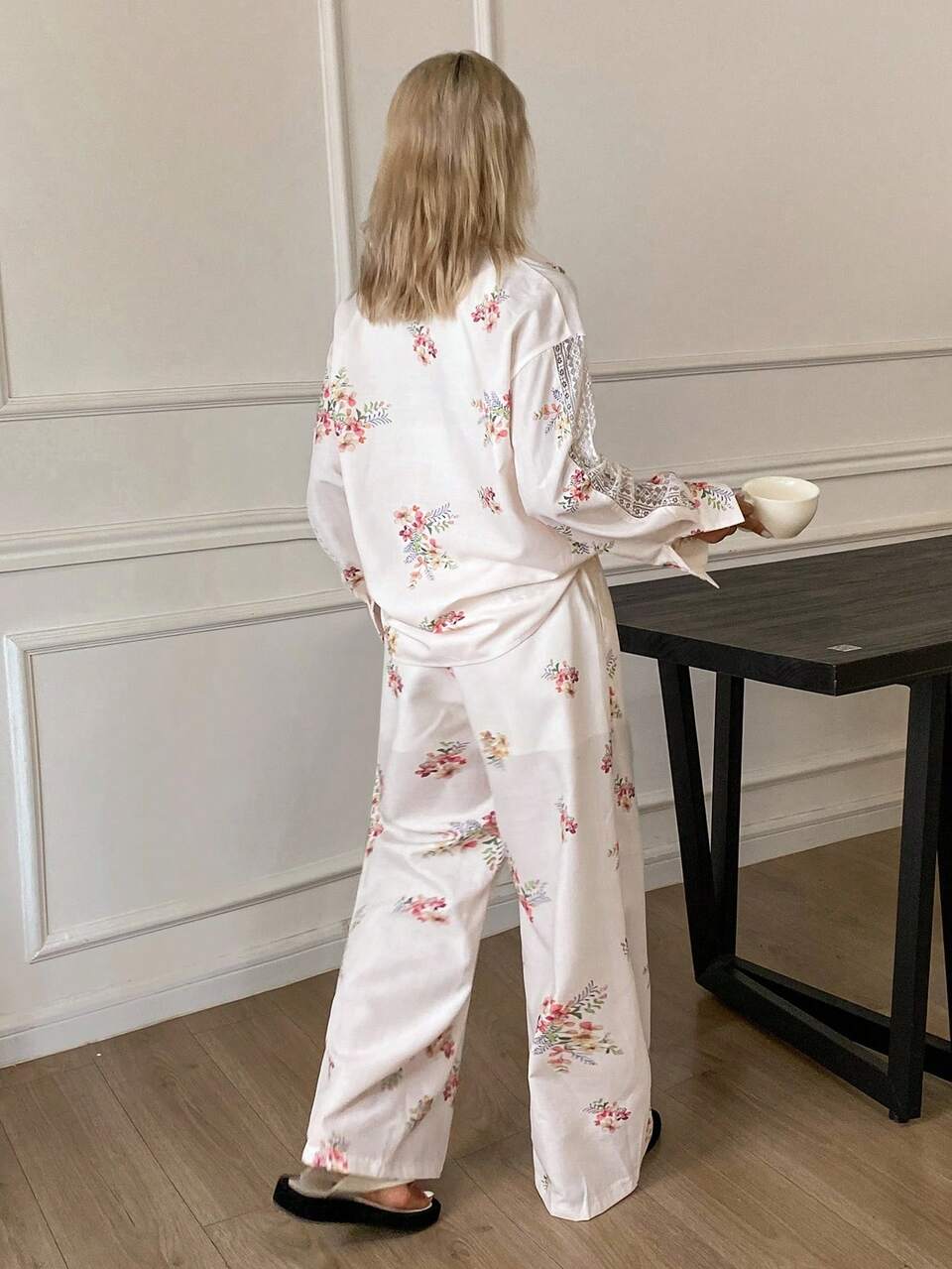 Floral All-Over Print Lace Pocket Accent Shirt Style Top & Pants Women Pajama Set, Fall Clothes