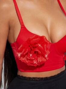 Radiana Red Floral 3D Decor Camisole Top With Adjustable Straps And Cups, Elegant For Vacation, Date, Casual, Street, Nightclub Party