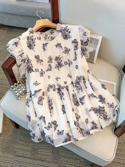 GlowEve CURVE Plus Size Women's New Chinese-Style Butterfly, Mountain & Floral Print Double Layer Cap Sleeve Design Loose Comfortable Sweet Chiffon Blouse For Summer