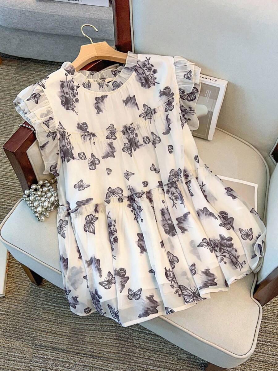 GlowEve CURVE 大码女装新款中式蝴蝶、山花印花双层盖袖设计宽松舒适甜美雪纺衬衫夏季 - 彩色 - 查看 1