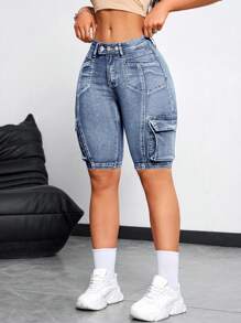 SHEIN ICON Women's Casual Washed Denim Cargo Shorts