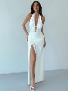 Aloruh 全新性感高开叉露背吊带系带修身弹力镂空修身全长派对礼服，白色，生日/活动鸡尾酒会礼服 - 白色 - 查看 3