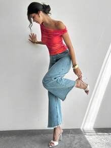 Firerie 女式斜肩渐变褶不对称领口 T 恤，花卉印花上衣，斜肩衬衫，春夏服装，适合海滩、通勤、优雅、性感、度假、波西米亚风、夏威夷风、音乐节、浪漫、约会 - 彩色 - 查看 9