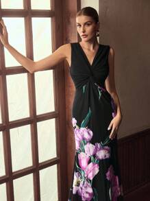 ZEYLAH V-Neck Twist Waist Sleeveless Long Elegant Dress, Suitable For Early Autumn - Multicolor - View 4