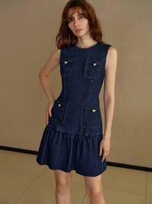 MOTF PREMIUM POCKET A LINE DENIM DRESS - Blue - View 3