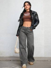 Jeanoix Quần Jeans Ống Thẳng Cài Nút Thời Trang Cỡ Lớn Y2K - Màu Xám nhạt - Xem 4