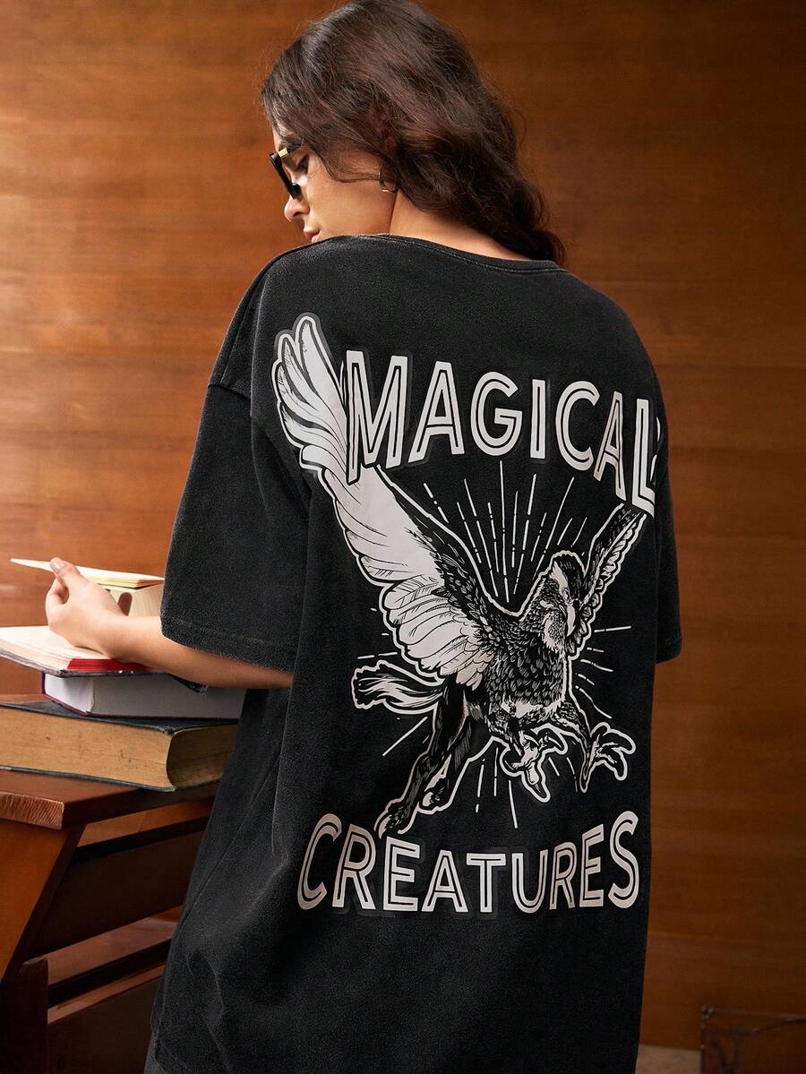 HARRY POTTER X SHEIN 女士休闲街头风格宽松动物和字母印花落肩水洗 T 恤，不含领带衬衫 - 黑色 - 查看 1