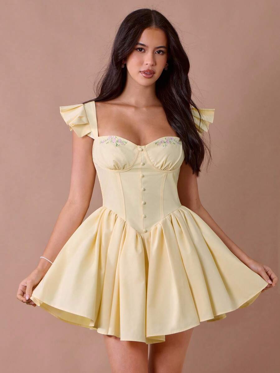 Enchnt Summer Romantic Women's Butter Yellow Little Rose Embroidered Sweetheart Neck Sleeveless Princess Cute Mini Dress,Sweet&Elegant For Vacation&Date&Holiday&Birthday&Party&Graduation&Wedding Guest&Beach,Prom Dress,Summer Dresses For Women,Sun Dresses For Women,Summer Clothes,Summer Outfits For Women,Vestidos Elegantes Para Fiesta,Vestidos Elegantes De Mujer