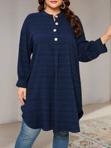 Veilorie Plus Size Women's Autumn Long Sleeve Button Half-Placket Long Loose Casual Shirt - Navy Blue - View 5