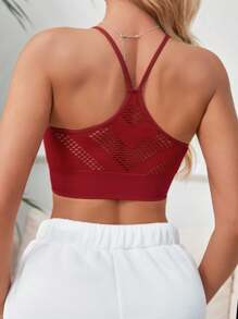 女士纯色休闲镂空吊带背心 - 酒紅色 - 查看 3