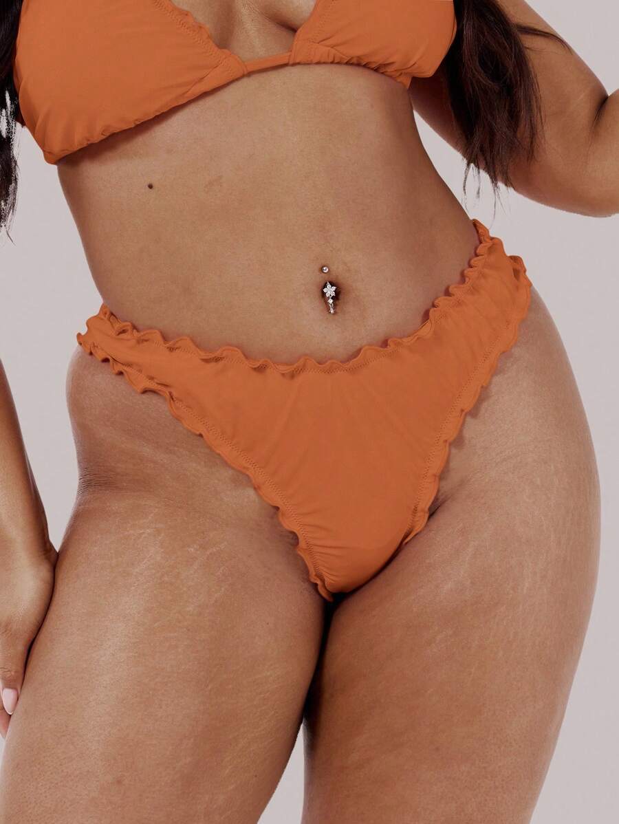 MUSERA Plus Frill Trim Bikini Bottom Swim, Holiday, Sexy, Cute - Orange - View 1