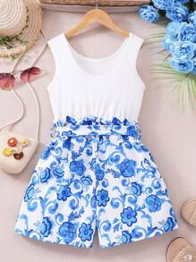 Tween Girls' Floral Print Romper With Round Neck, Sleeveless, School, Campus, College - Blue - View 2