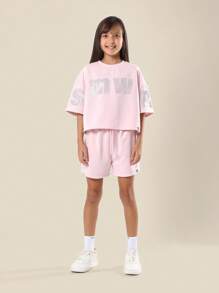 SUMWON 水钻字母印花套装 短款上衣 高腰短裤 休闲夏季休闲套装 - 粉色 - 查看 1