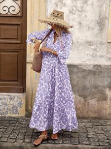 SHEIN VCAY 女式梭织印花短袖长裙 - 淡紫色 - 查看 1