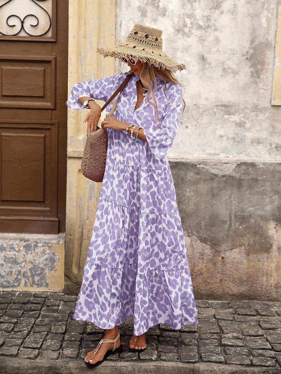 SHEIN VCAY 女式梭织印花短袖长裙 - 淡紫色 - 查看 1