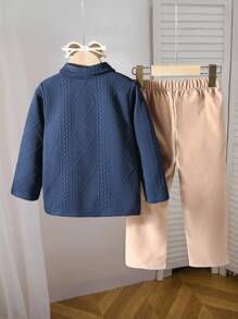 Souflis Souflis 2pcs Young Bo Fashion College Style Set, Children's Geometric Textured Knit Fabric Comfortable Long Sleeve Polo Sweatshirt With Embroidery Design And Elastic Waist Casual Pants, Loose Fit Suitable For Autumn Occasions Like Vacation And Daily Wear,Back To School Clothes,Homing Set