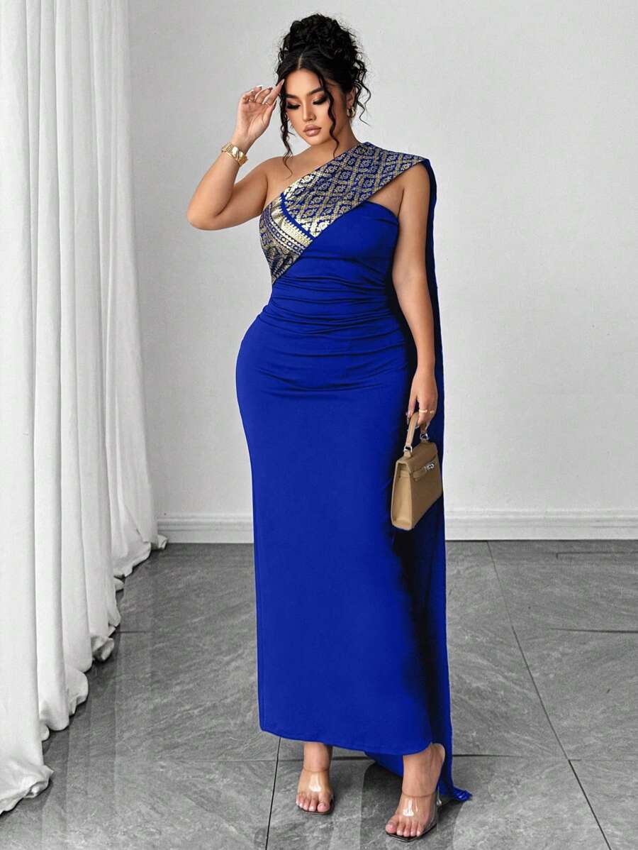 Elenzga 大码中东风格修身长款露背连衣裙 - 寶藍色 - 查看 1