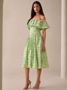 Lilora 女士优雅露肩花卉印花中长休闲连衣裙，通勤和日常穿着都市风格优雅浪漫 V 领连衣裙都市休闲，浪漫优雅，外出 - 酪梨綠 - 查看 6