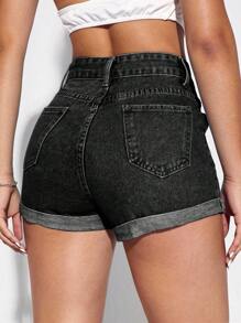 SHEIN ICON 夏季休闲高腰水洗牛仔短裤 - 黑色 - 查看 2