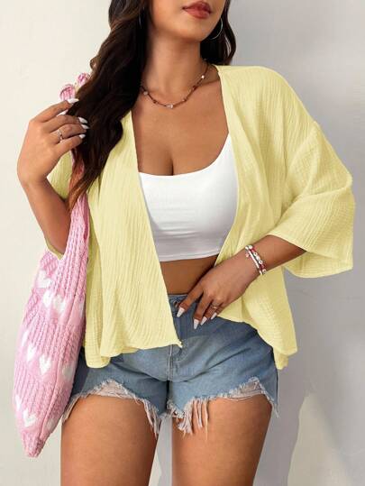 SHEIN EZwear Plus Size Yellow Cotton Lightweight Short Crop Cardigan, Summer Summer Kimono Beach Cover Up Top Open Front Top Summer Cardigan For Women