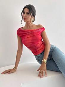 Firerie 女式斜肩渐变褶不对称领口 T 恤，花卉印花上衣，斜肩衬衫，春夏服装，适合海滩、通勤、优雅、性感、度假、波西米亚风、夏威夷风、音乐节、浪漫、约会 - 彩色 - 查看 5