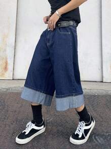 Manfinity EMRG 男士休闲街头风格卷边阔腿牛仔短裤 - 深色水洗藍 - 查看 1