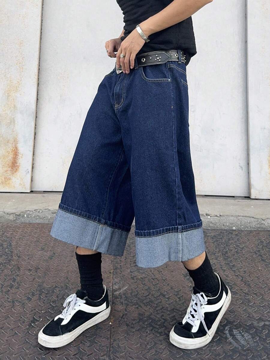 Manfinity EMRG 男士休闲街头风格卷边阔腿牛仔短裤 - 深色水洗藍 - 查看 1