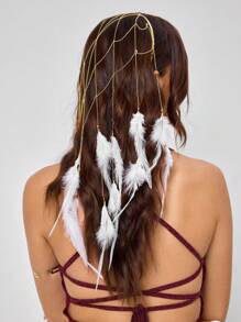 SHEIN SXY Phụ kiện tóc lông vũ và dây chuyền vàng thời trang và thanh lịch - Vàng - Xem 3