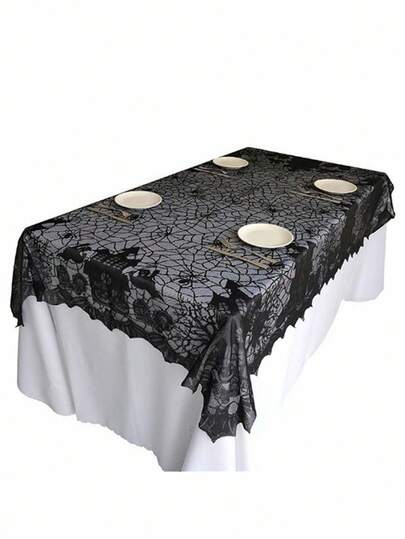 Goth 1pc Black Lace Tablecloth(135*175cm), Gothic Style Tablecloth, Party Decoration,Halloween Tablecloth - Ghost Festival Black Lace Table Cover For Home Dining Table Decoration, Halloween Castle Design