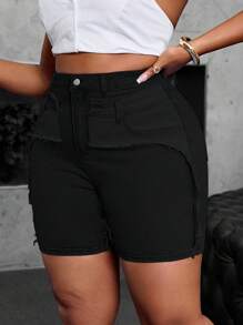 SHEIN SXY Pantalones cortos mini sexy de 2 en 1 de mezclilla casual y elásticos, talla grande, aptos para verano y primavera - Negro - Ver 3