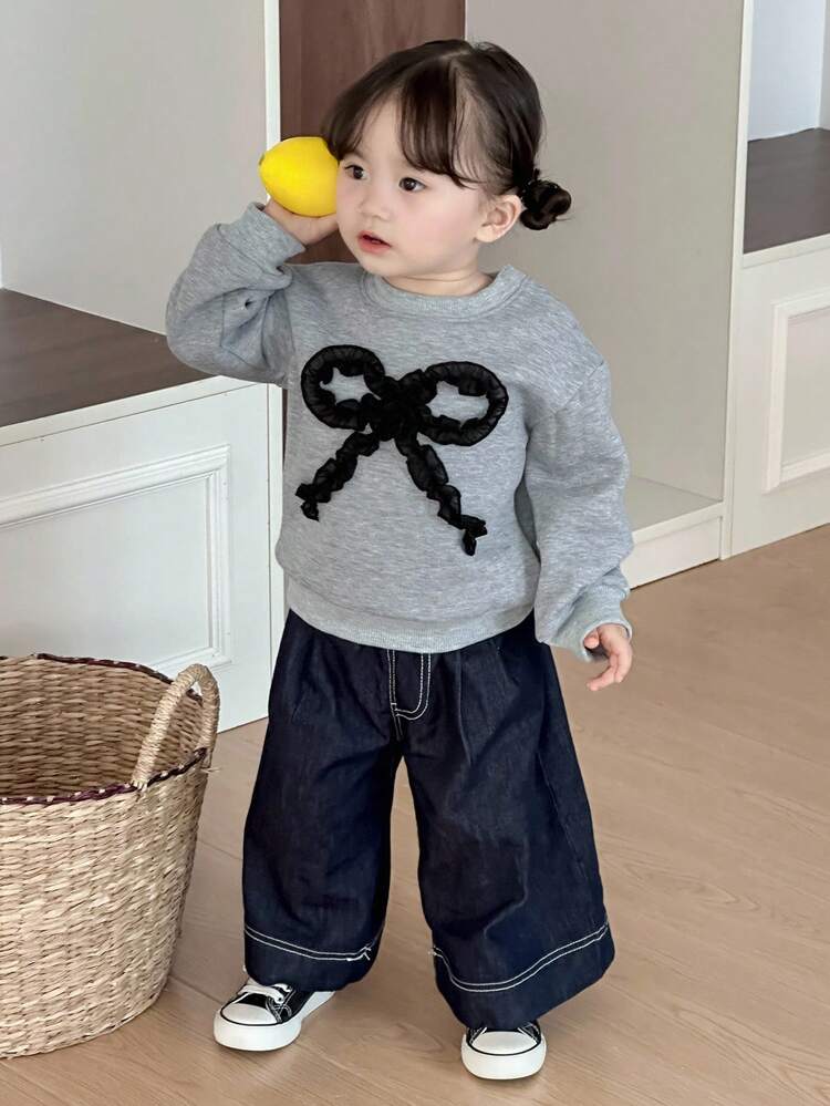 Baby Girl Casual Contrast Color Bow Decor Drop Shoulder Loose Fit Pullover Sweatshirt, Autumn Toddler Girls Clothes