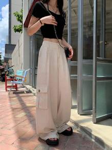 DAZY Women's Casual Solid Color Wide Leg Cargo Pants - Apricot - View 8