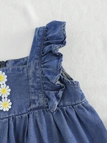 Cozy Pixies Baby Girl Strawberry Print Square Neck Ruffle Hem Sleeveless Waist Cinched Dress - Blue - View 3