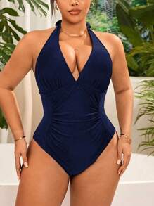 Swim Chiccia 1pc Women Plus Size Ruched One-Piece Swimsuit, Suitable For Holiday Party For Summer Beach Vacation
